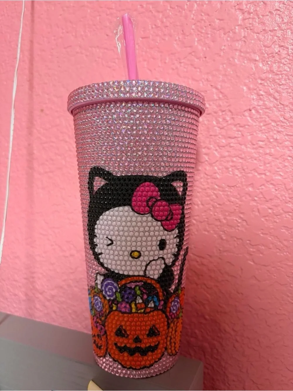 Sanrio Hello Kitty Pink Crystal Rhinestone Halloween Tumbler Cup